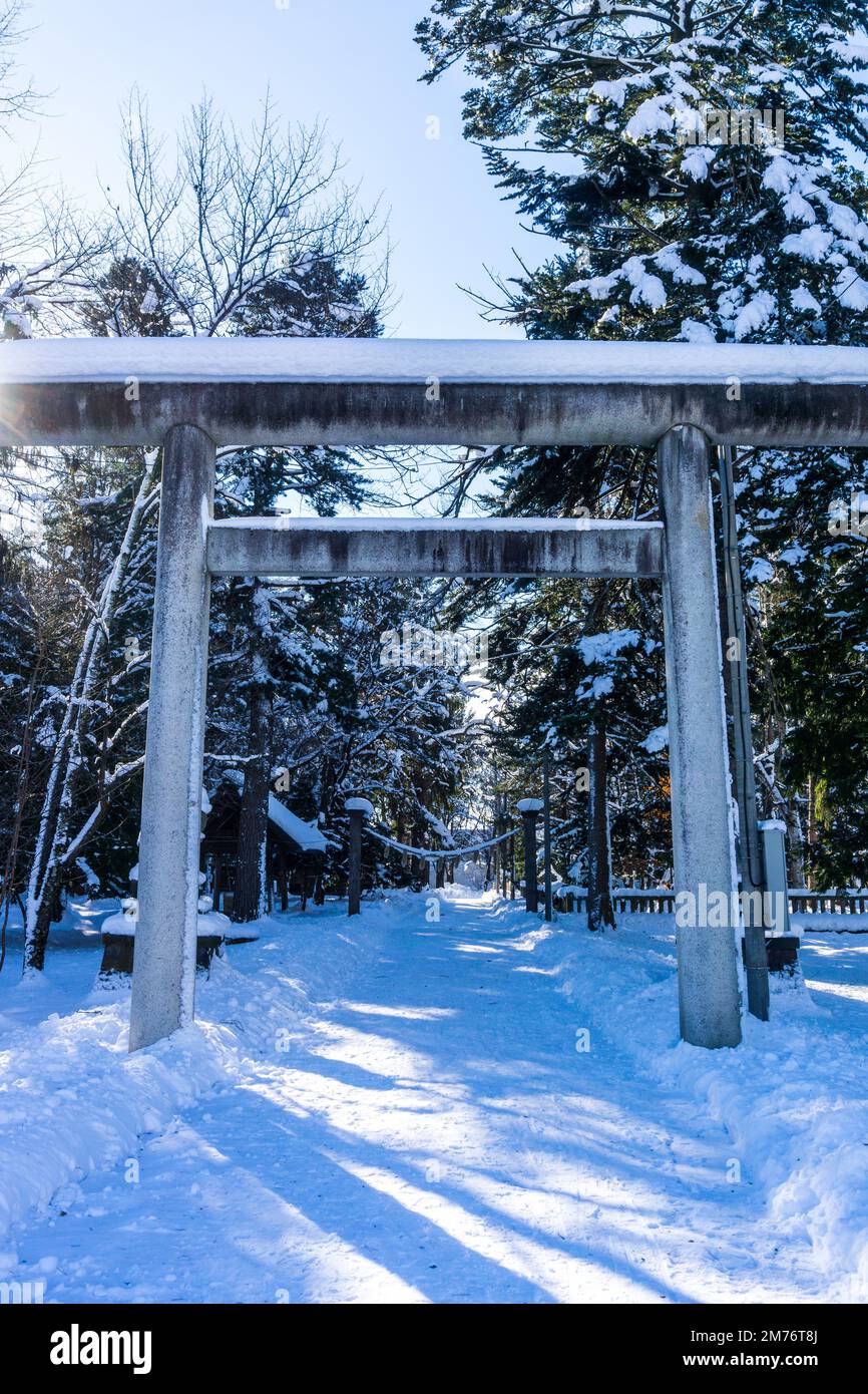 Vista della porta torii coperta di neve al santuario Higashikawa in una luminosa giornata invernale di Capodanno nella città di Higashikawa, Hokkaido, Giappone settentrionale Foto Stock