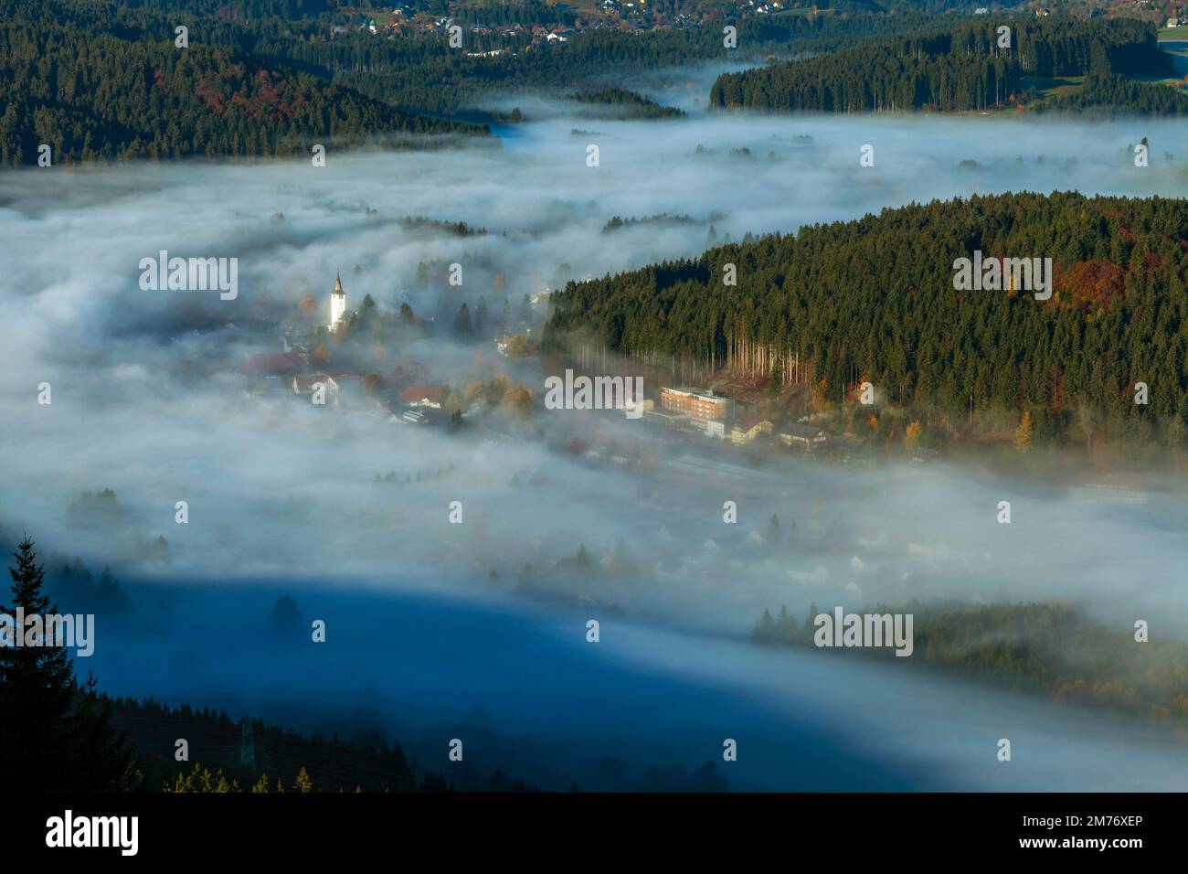 Die Ortschaft Titisee im Morgennebel, Herbst, Titisee-Neustadt, Schwarzwald, Baden-Würtemberg, Deutschland Foto Stock