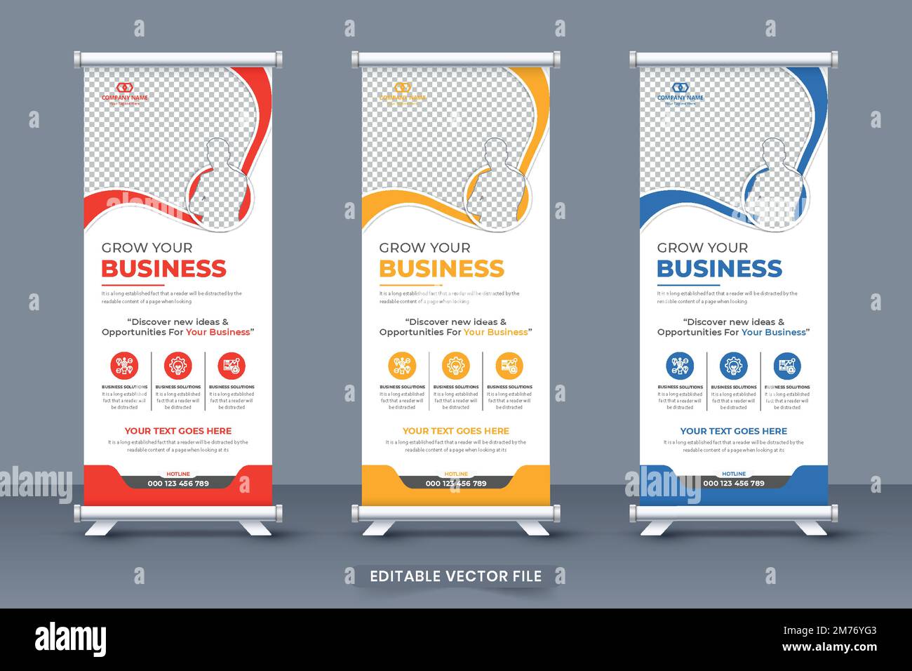 Business promozionale standee banner design per esposizione e marketing. Banner pubblicitario aziendale roll-up per la visualizzazione in blu e rosso Illustrazione Vettoriale