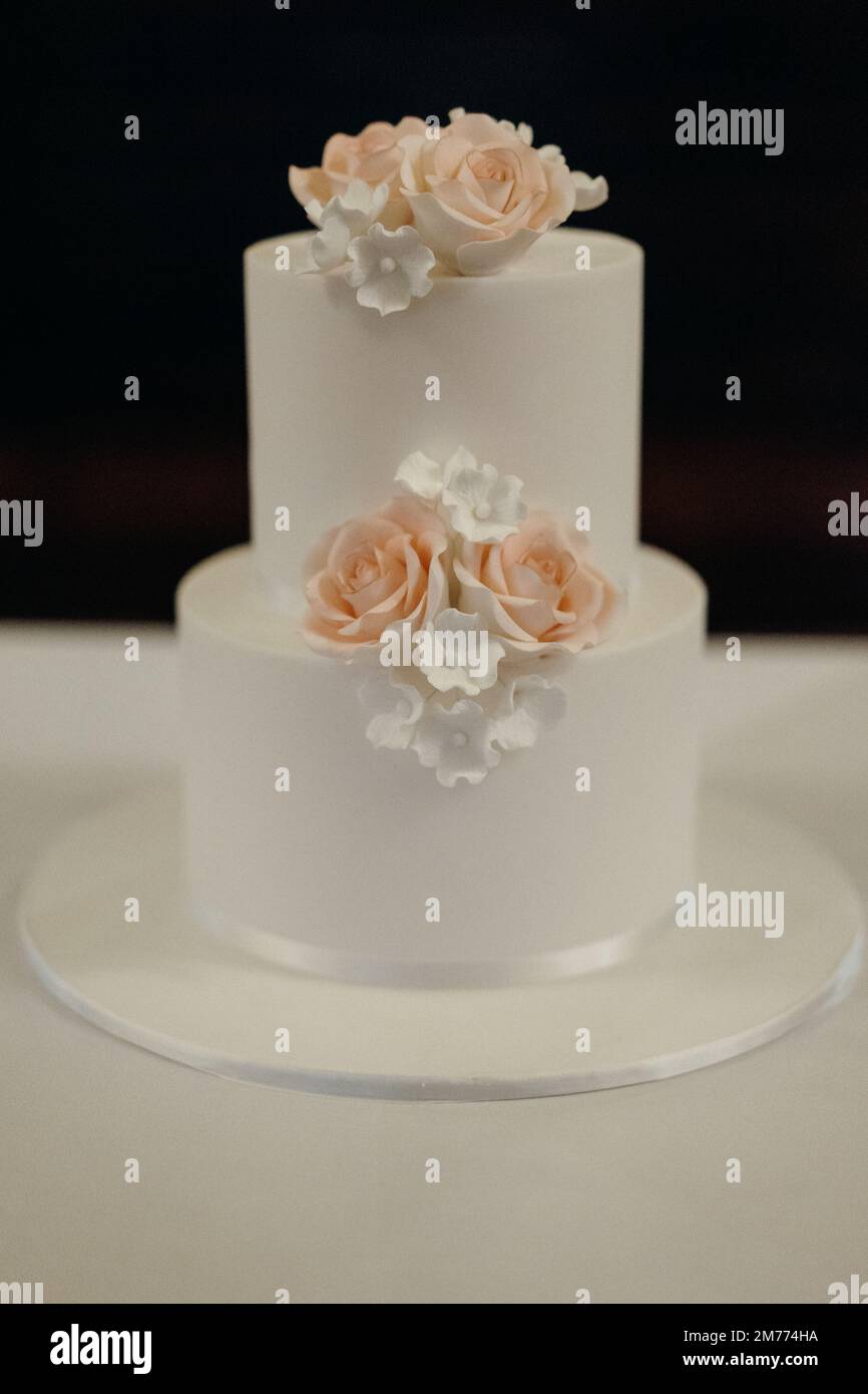 Un primo piano di una torta nuziale su un tavolo Foto Stock