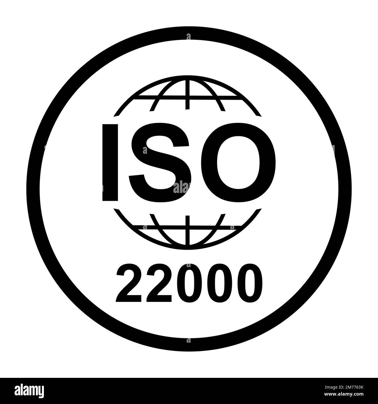 Icona ISO 22000. Sistemi di gestione degli alimenti. Simbolo di qualità standard. Segno del pulsante vettore isolato su sfondo nero . Illustrazione Vettoriale
