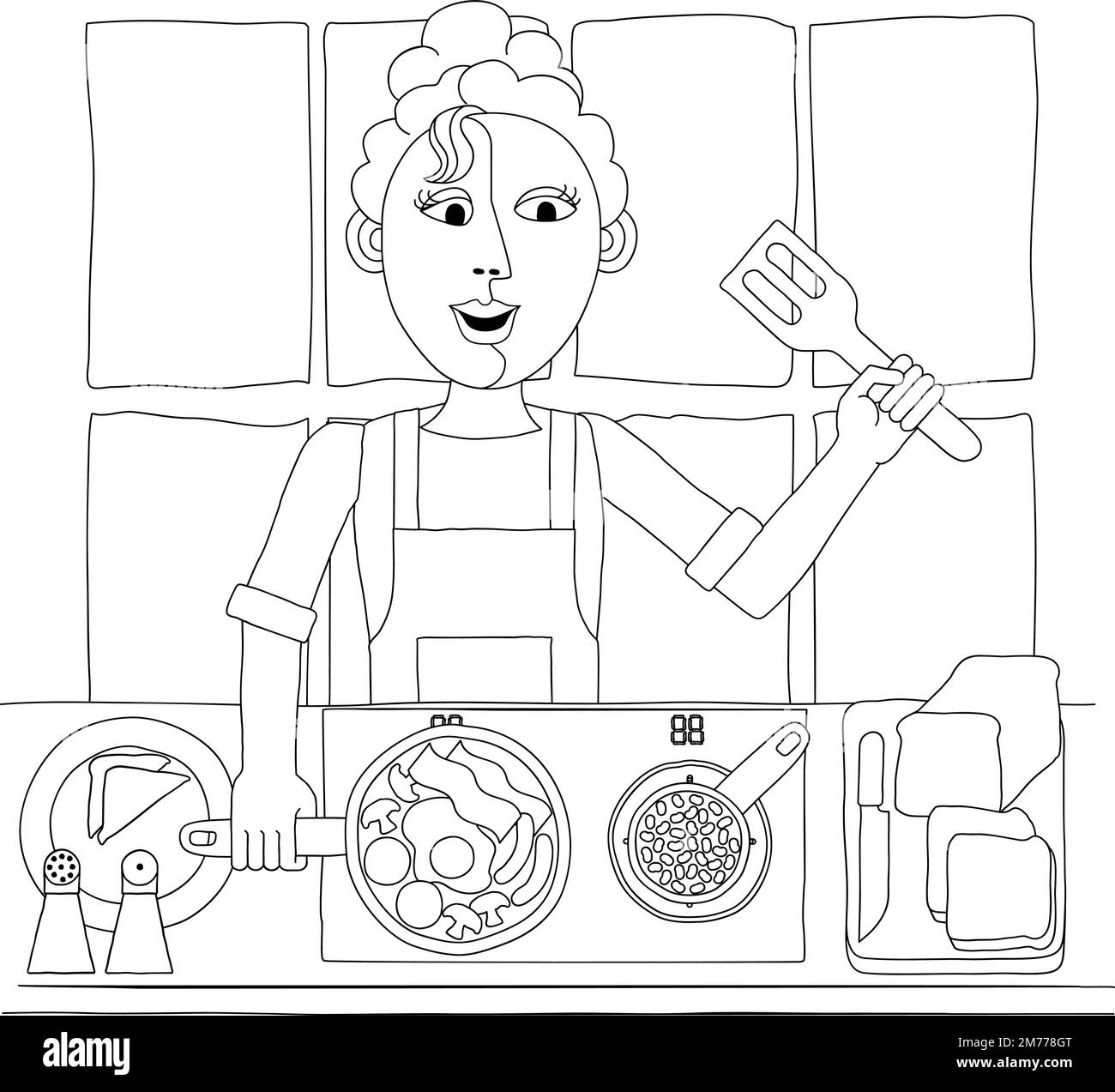 Donna cucina cibo Fried colazione inglese cucina Illustrazione Vettoriale