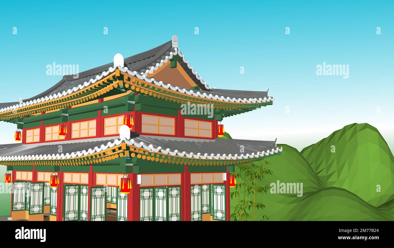 Hanok edifici isolato vettore illustrazione set. Tradizionale collezione di elementi di design della casa coreana. Antica città asiatica classica in stile cartoon. Illustrazione Vettoriale