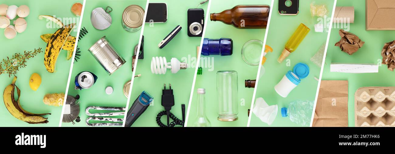 Collage fotografico con banner di generi di rifiuti o materiali riciclabili. Gestione dei rifiuti o concetto di segregazione. Foto Stock