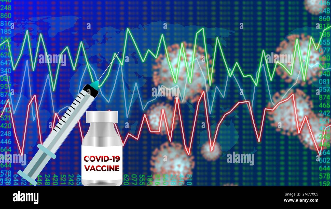 sfondo grafico corona con iniezione e vaccino. Foto Stock