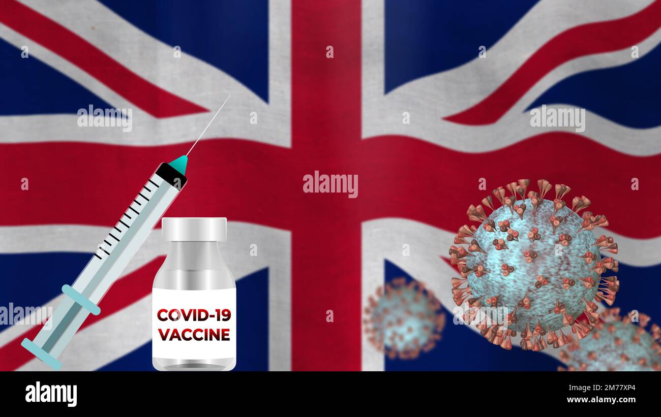 Vaccino di Covid sulla bandiera del Regno Unito di Blur. Concetto di vaccino nazionale e di vaccinazione nel Regno Unito. Foto Stock