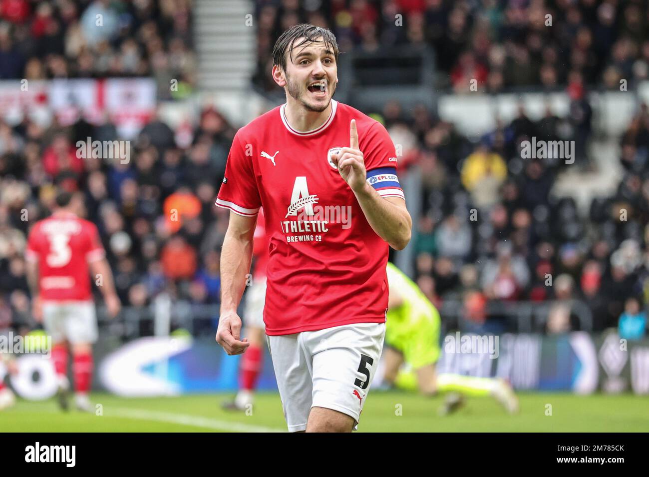 Derby, Regno Unito. 08th Jan, 2023. Liam Kitching #5 di Barnsley reagisce durante la partita della Emirates fa Cup Third Round Derby County vs Barnsley al Pride Park Stadium, Derby, Regno Unito, 8th gennaio 2023 (Photo by Mark Cosgrove/News Images) a Derby, Regno Unito il 1/8/2023. (Foto di Mark Cosgrove/News Images/Sipa USA) Credit: Sipa USA/Alamy Live News Foto Stock