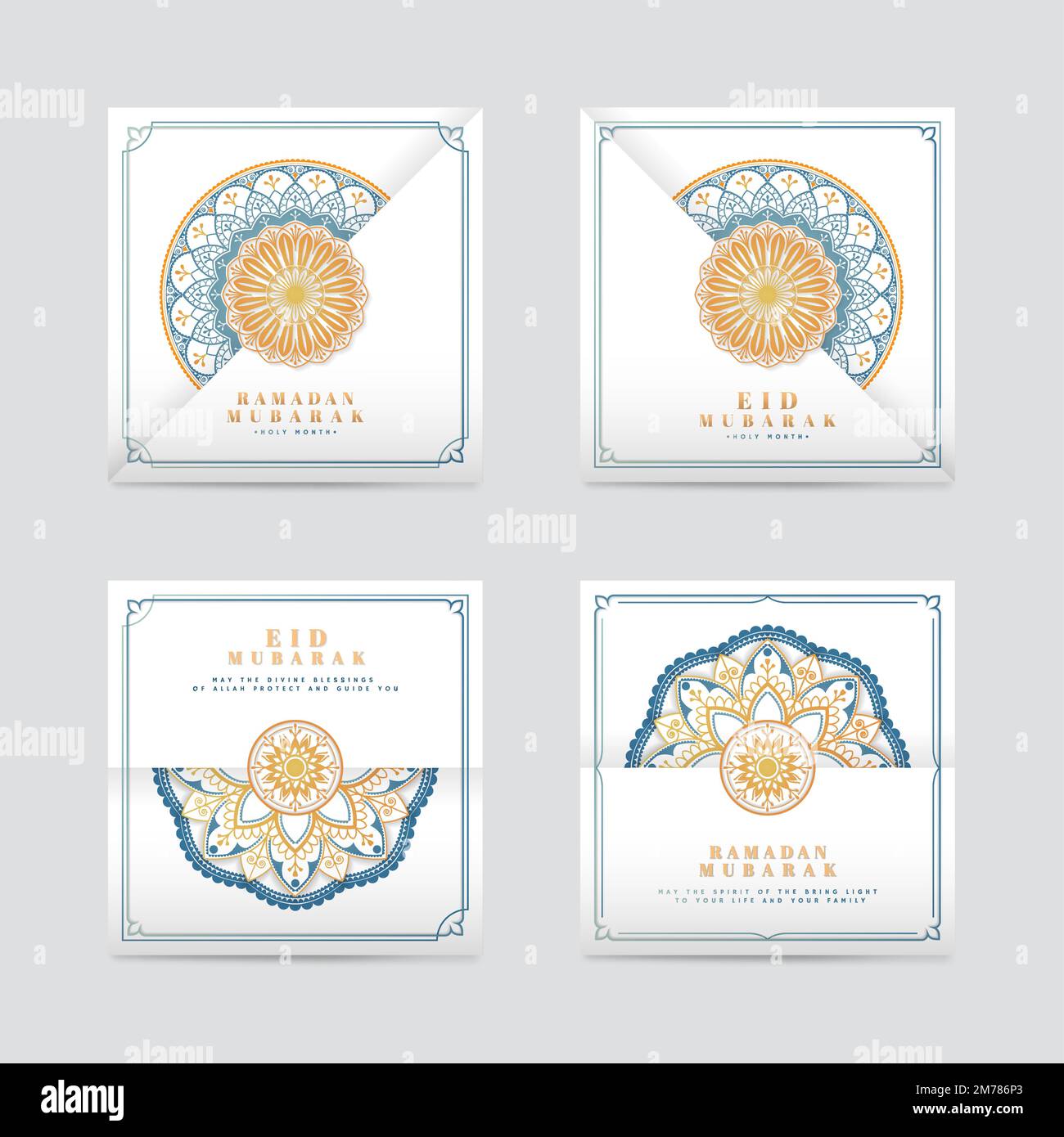 Bianco e blu Eid Mubarak cartellini vettoriali Set Illustrazione Vettoriale