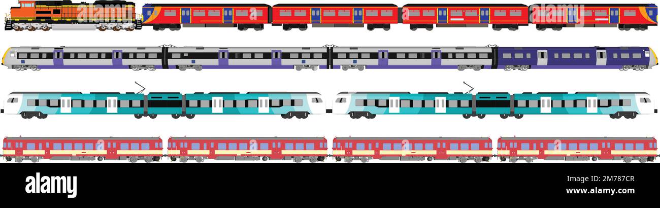 Progetto isolato di treno moderno blu. Vista laterale, superiore e frontale. Locomotiva 3D realistica. Veicolo ferroviario. Trasporto ferroviario di passeggeri. Vettore ill Illustrazione Vettoriale