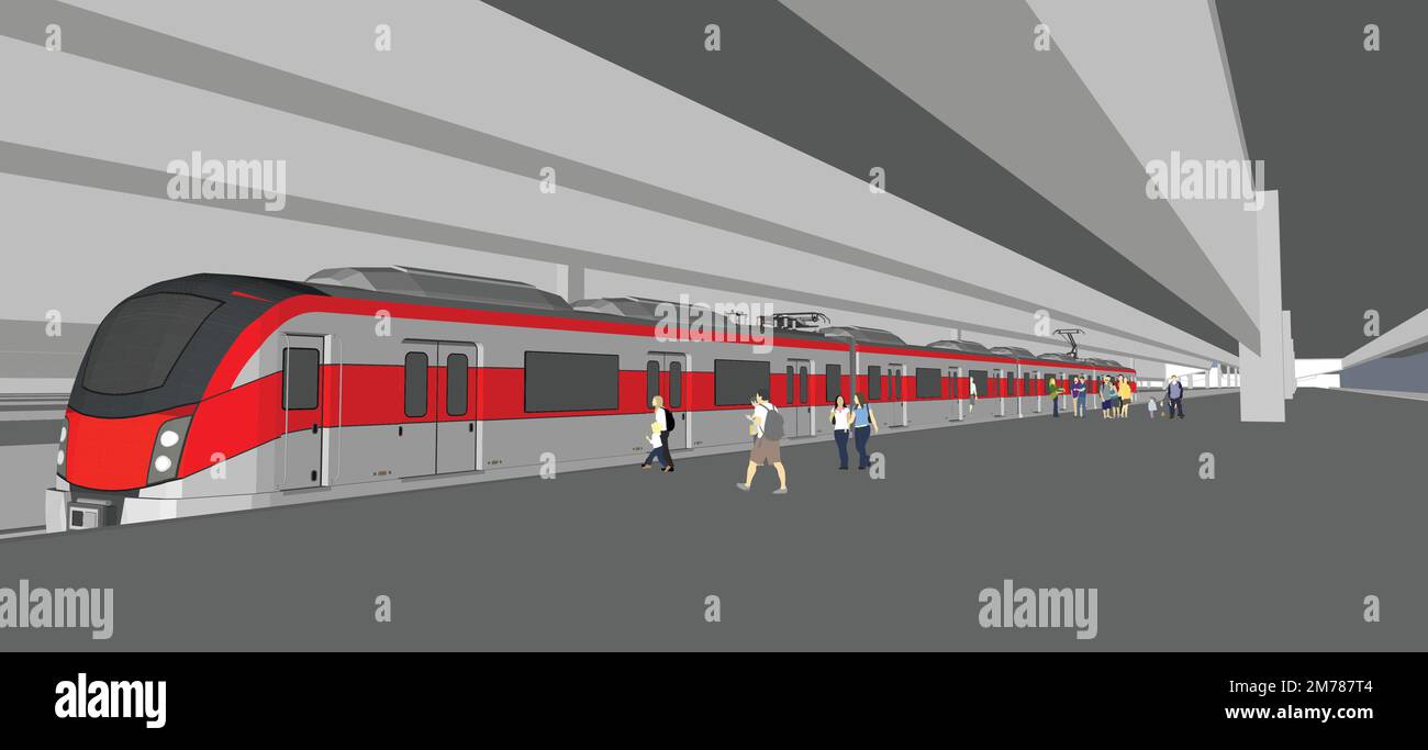 Progetto isolato di treno moderno blu. Vista laterale, superiore e frontale. Locomotiva 3D realistica. Veicolo ferroviario. Trasporto ferroviario di passeggeri. Vettore ill Illustrazione Vettoriale