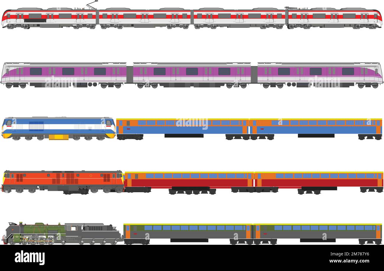 Progetto isolato di treno moderno blu. Vista laterale, superiore e frontale. Locomotiva 3D realistica. Veicolo ferroviario. Trasporto ferroviario di passeggeri. Vettore ill Illustrazione Vettoriale