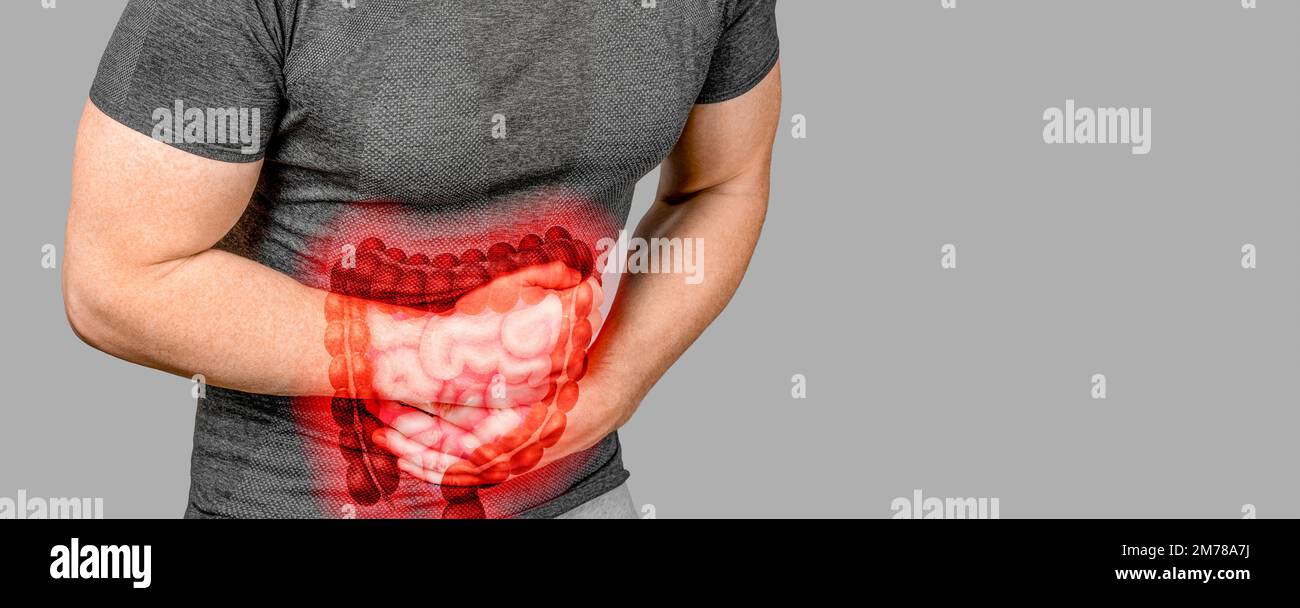 Infiammazione intestinale. Sindrome dell'intestino irritabile. L'uomo che tocca lo stomaco, soffrendo doloroso di stomachache, la causa di desease del sistema gastrointestinale di st Foto Stock
