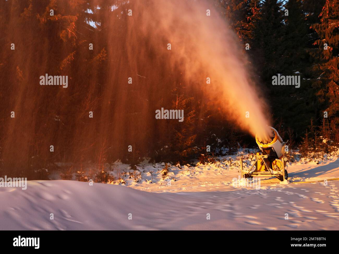 Snowmaker che produce neve in una stazione sciistica. Snowjet in luce laterale e con sfondo scuro al tramonto Foto Stock