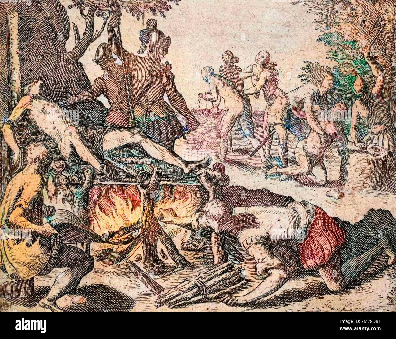 Persecuzione spagnola nelle Indie occidentali - Descrizione dei crimini infliges aux Indiens par les colons Espagnole - scena de torture d'Indiens par les Espagnole conquistadors. Torture sur un grill, amputation des Mains - gravure de Theodore de Bry in 'Narratio regionum indicarum per Hispanos quosdam devastatarum verissima' par Bartolome de las Casas (1484-1566) Foto Stock