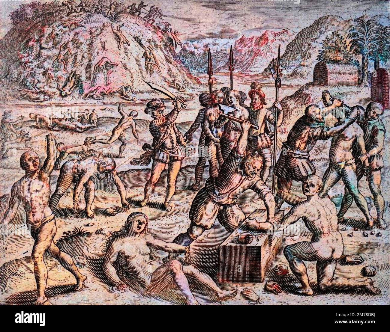 Persecuzione spagnola nelle Indie occidentali - Descrizione dei crimini infliges aux Indiens par les colons Espagnols - Conquistadors massacrant un village d'Indiens. Amputations des Mains - gravure de Theodore de Bry in 'Narratio regionum indicarum per Hispanos quosdam devastatarum verissima' par Bartolome de las Casas (1484-1566) Foto Stock