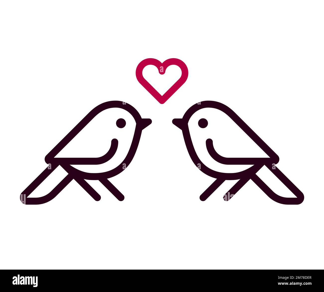Semplice uccello cartoon coppia con il cuore, linea arte icona. Elemento minimal logo design, illustrazione vettoriale. Illustrazione Vettoriale