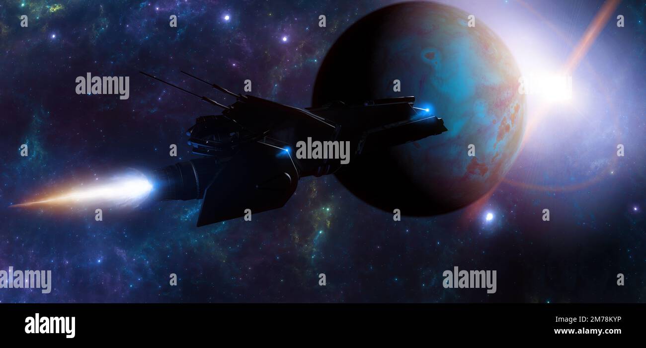 Astronave che viaggia tra pianeti di galassie lontane. Esplorazione di pianeti. Fantascienza. Conquista nuovi mondi. Innovazione tecnologica e intergalactus Foto Stock