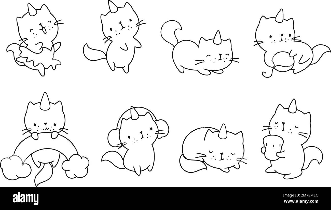 Carino kitty con corno, linea di colorazione caicorno set. Gatti magici divertenti, gattini felici adesivi. Caratteri vettoriali infantili Illustrazione Vettoriale