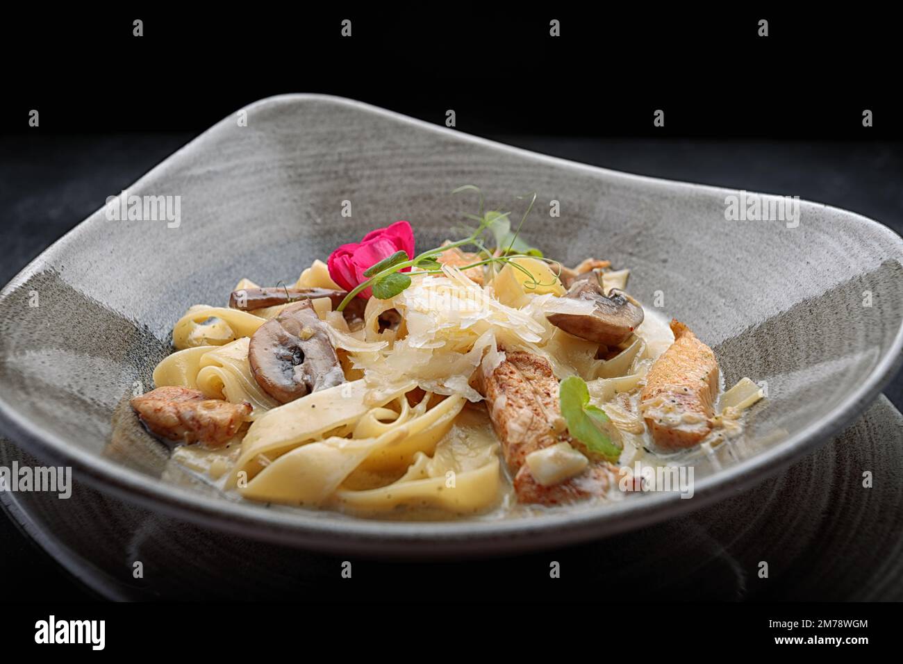 Pasta con formaggio, pollo e funghi, al buio Foto Stock
