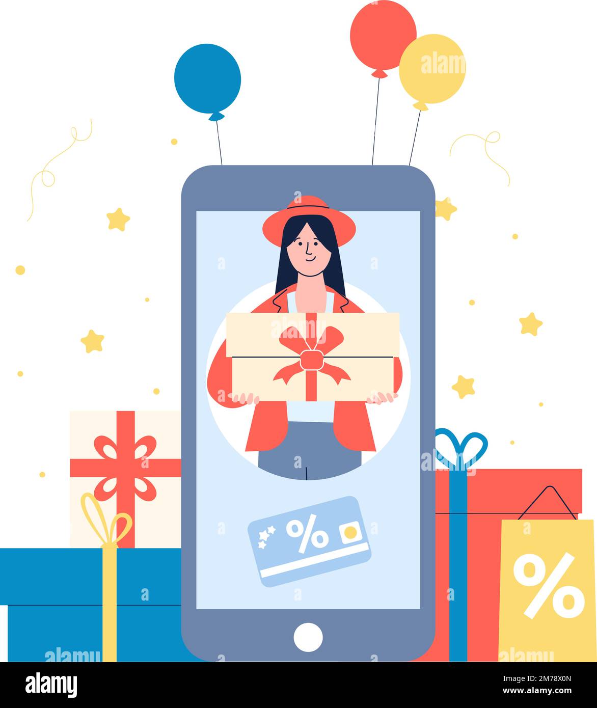 Buono regalo e sconto per lo shopping online. Ragazza felice sullo schermo dello smartphone tenere presente casella. Vendita o promozione, vettore del programma fedeltà del cliente Illustrazione Vettoriale