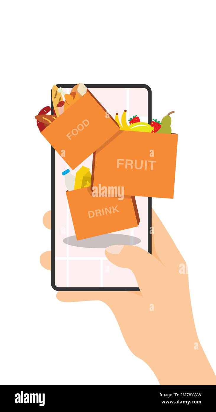 Concetto di prodotti per lo shopping online tramite un'app in uno smartphone. Consegna rapida dalla borsa del supermercato con carne, latte, formaggio, uova Illustrazione Vettoriale