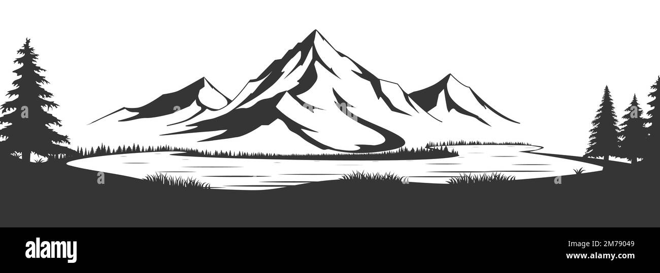 Selvaggio paesaggio naturale con montagne, lago, rocce. Illustrazione convertita in vettore. Ideale per annunci di viaggio, brochure, etichette, dépliant, abbigliamento, t Illustrazione Vettoriale