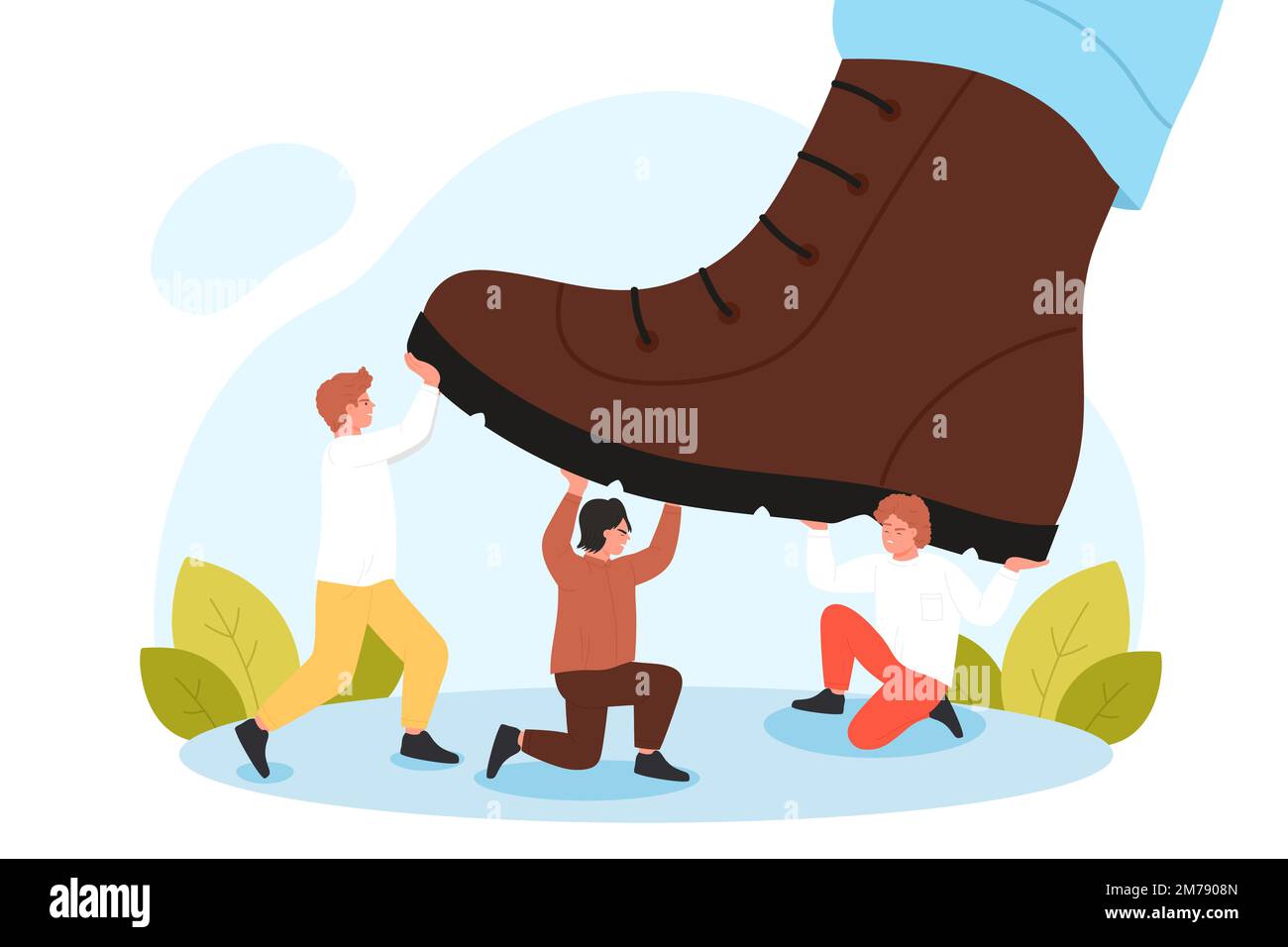 Problemi di dittatura, persone sotto grandi scarpe vettore illustrazione. Il piede gigante dei cartoni animati di boss o dittatori schiacciano il gruppo di minuscoli impiegati aziendali, lavoro di squadra di dipendenti in opposizione Illustrazione Vettoriale