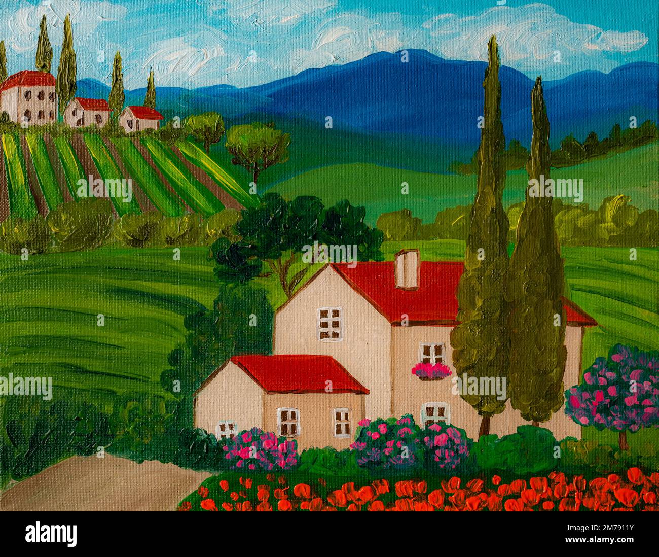 Colorati vigneti toscani. Pittura ad olio su tela. Foto Stock