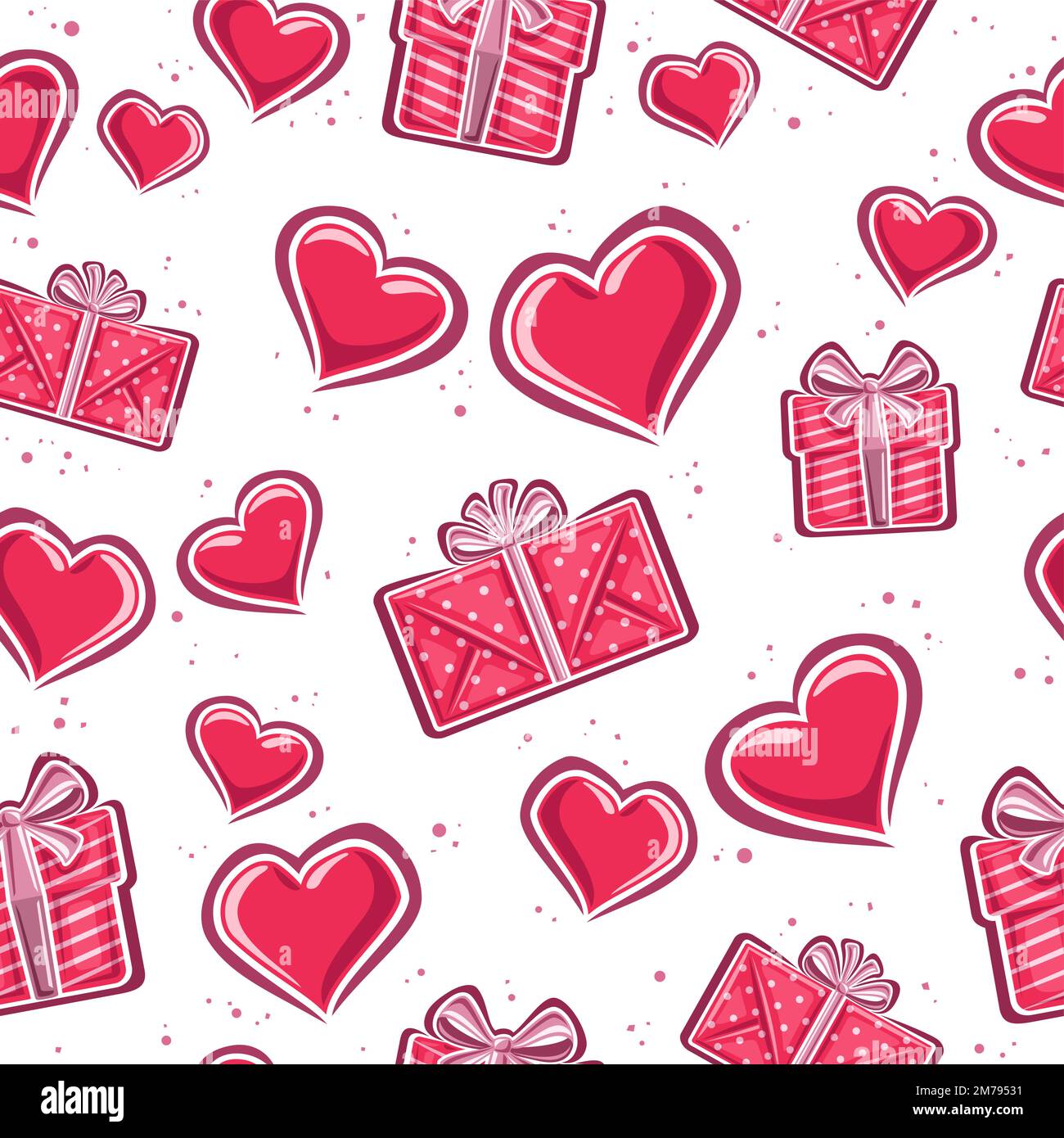Vector San Valentino senza cuciture motivo, sfondo ripetuto con set di vari contorni cuori di San Valentino, scatole regalo rosse con archi e decorativo c Illustrazione Vettoriale