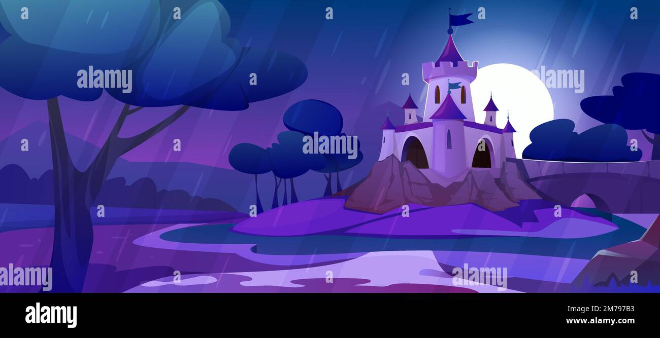 Il castello magico dei cartoni animati sulla collina alle piogge. Paesaggio di fiaba regno in luce lunare di notte. Palazzo medievale con torrette, torrente d'acqua, alberi, campo e ponte con la strada per il castello reale. Illustrazione Vettoriale
