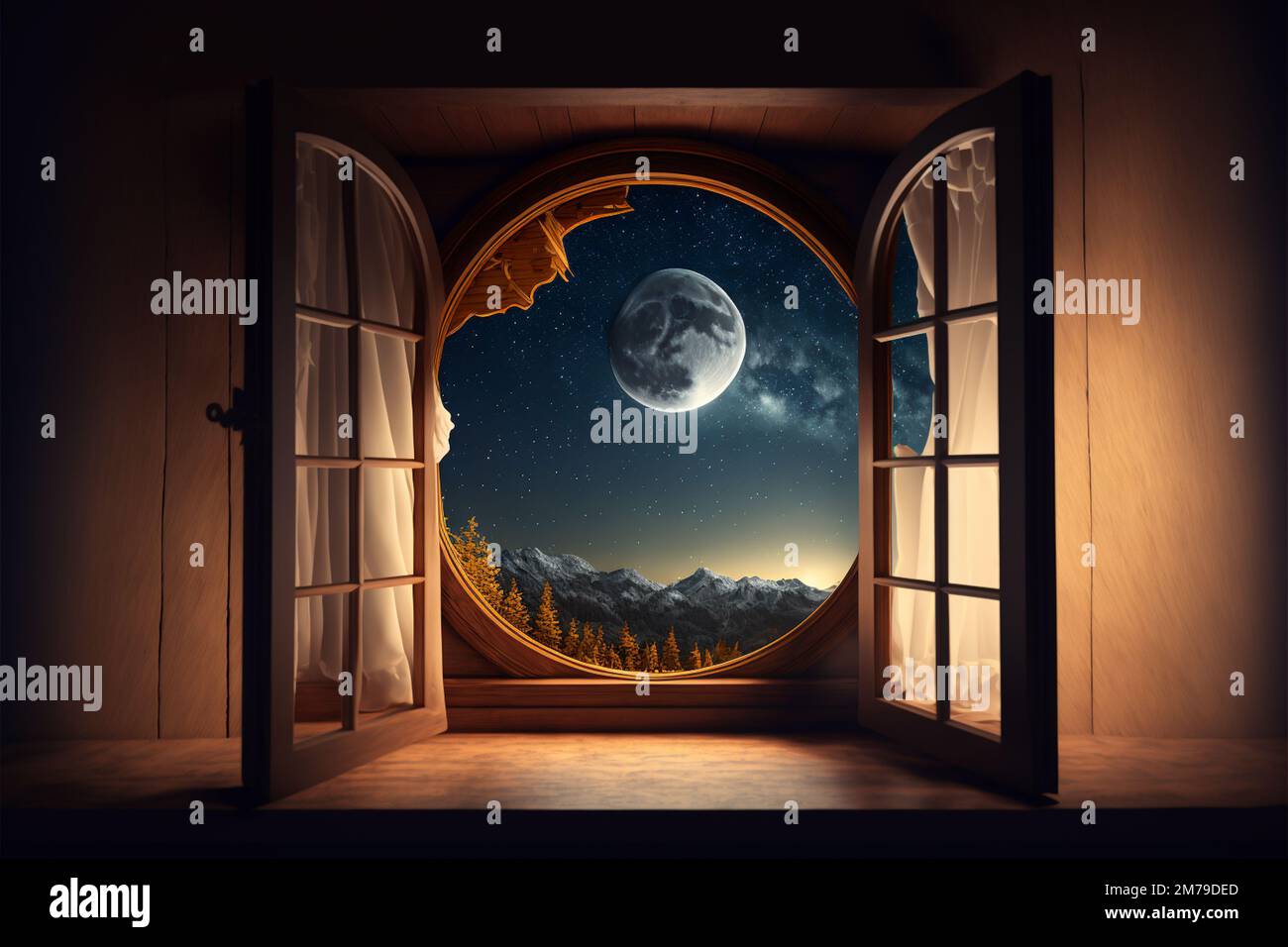 vista dalla camera con finestra aperta, cielo notturno con luna e stelle.  Vista frontale Foto stock - Alamy