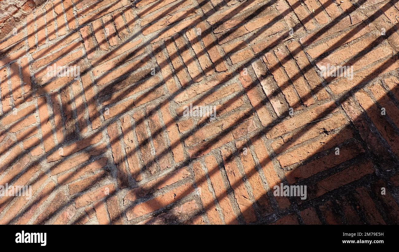 Pavimento in mattoni a pianta quadrata, con ombre di sottili barre su di esso. Foto Stock