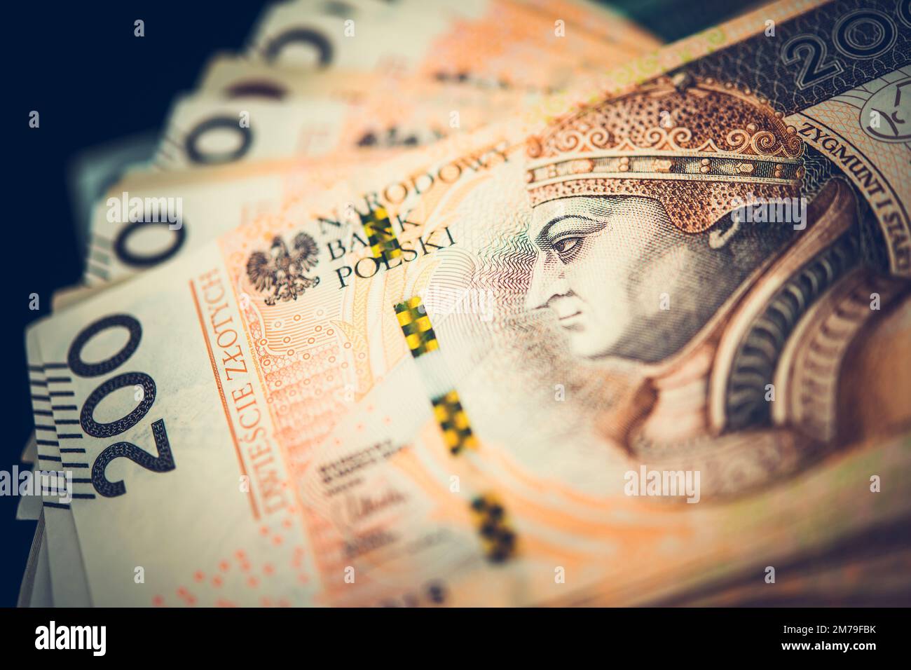 Primo piano di Zloty polacco due centinaia di banconote. Tema Valute di Paesi diversi. Finanza ed economia industria. Foto Stock