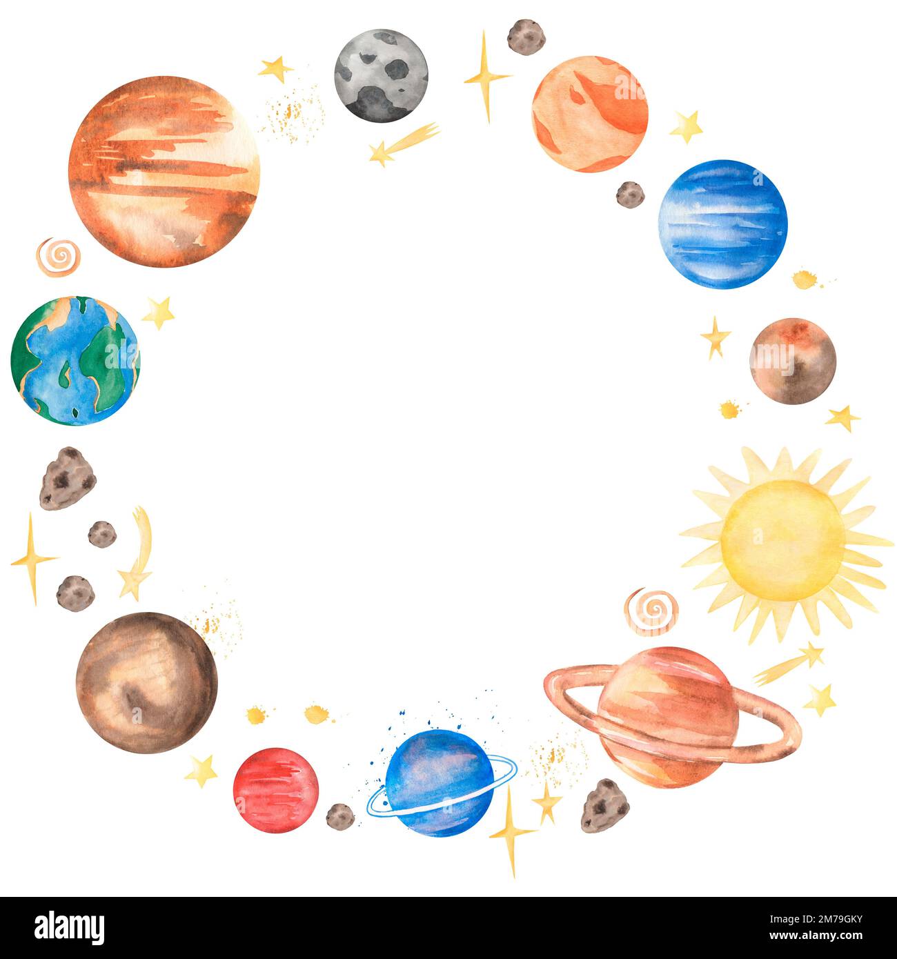 Spazio pianeta Wreath Clipart. Acquerello sistema solare illusione, Luna, Galaxy telaio clip arte, Terra Foto Stock