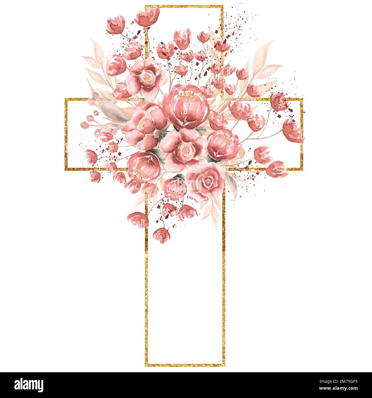 Acquerello dipinto a mano Pink Florals Cross clipart, Pasqua fiori religiosi illustrazione, Battesimo Croce clip arte, Spirito Santo clipart, fram dorato Foto Stock