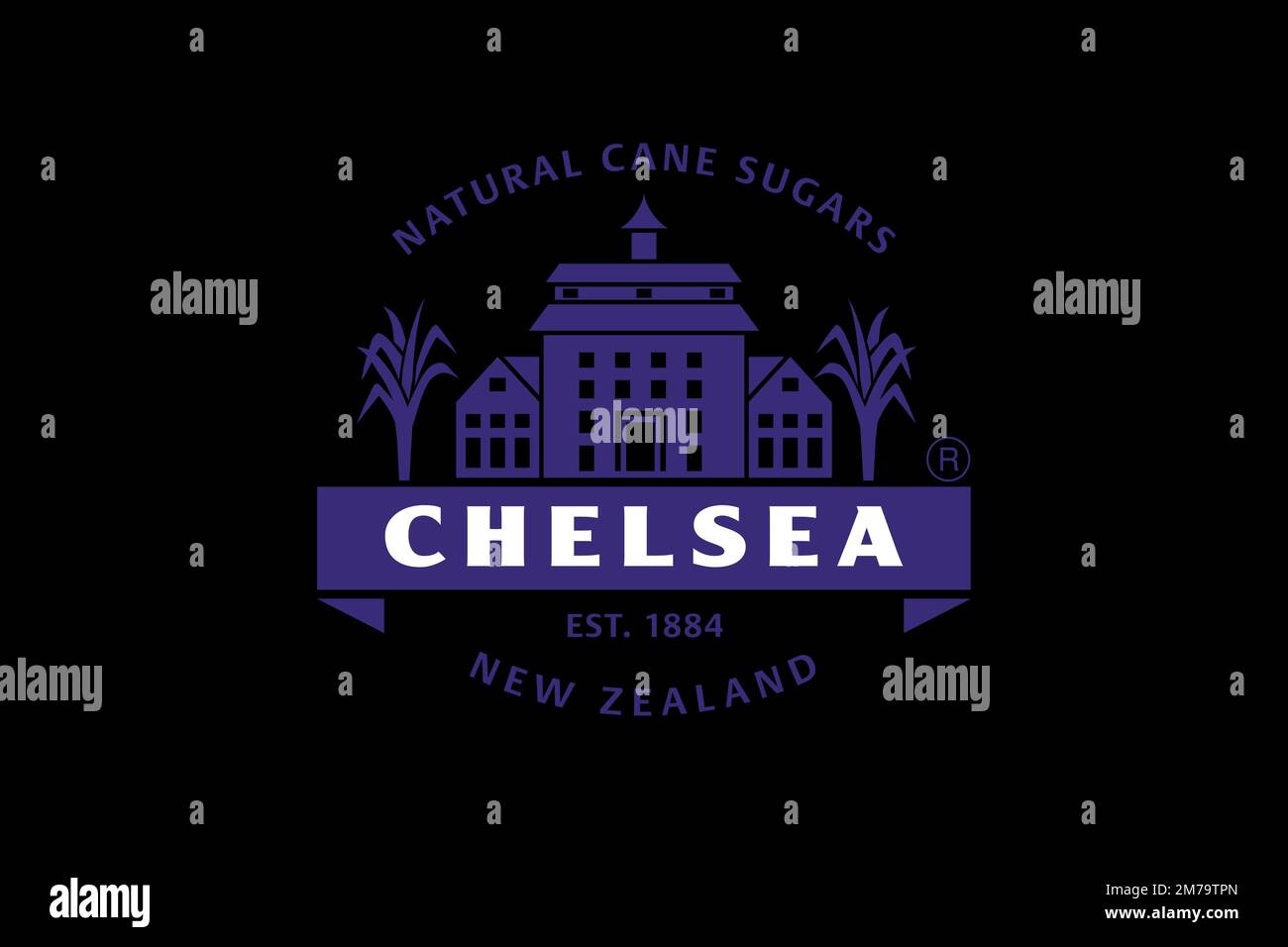 Raffineria di zucchero Chelsea, logo, sfondo nero Foto Stock