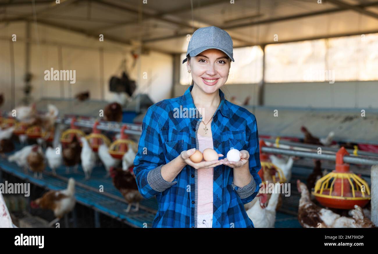 Donna europea sorridente in camicia a pipa e cappello che raccoglie le uova in allevamento di pollo Foto Stock