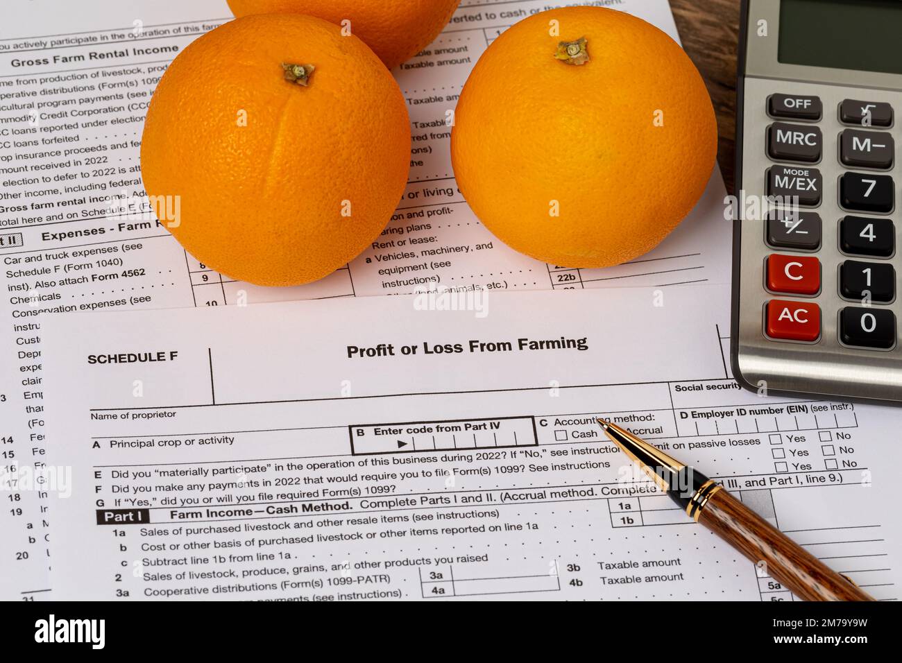 Arance e agricoltura forma di profitto o di perdita fiscale con calcolatrice. Concetto di reddito, finanze e gestione degli agrumi e dei prodotti agricoli. Foto Stock