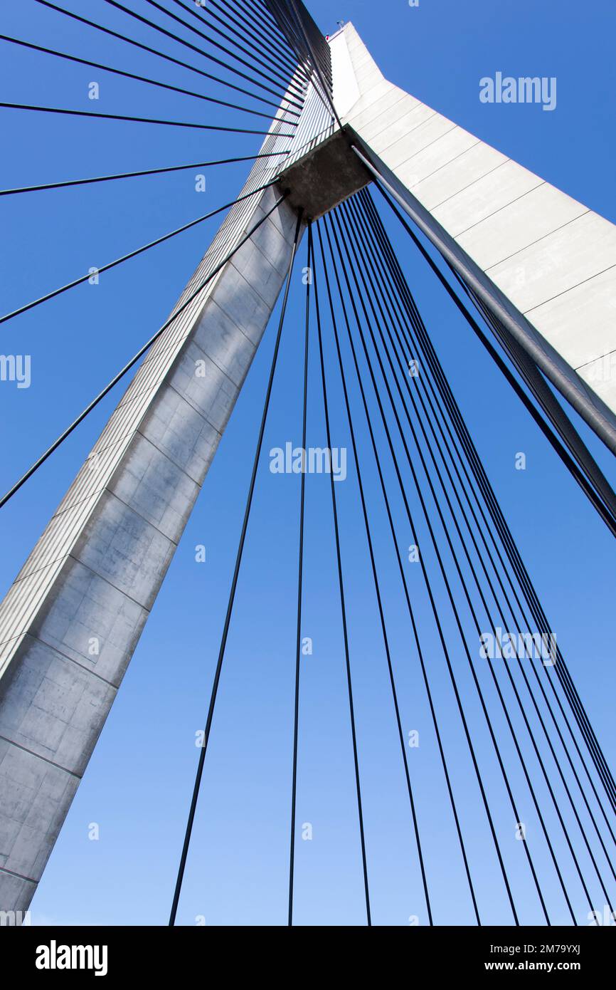 La vista astratta della torre del Ponte Anzac di Sydney e dei cavi di diffusione (nuovo Galles del Sud). Foto Stock