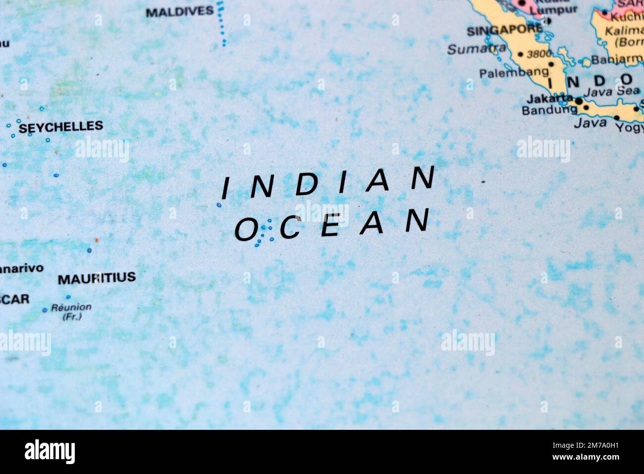 Primo piano di una mappa del mondo con l'oceano indiano Foto Stock