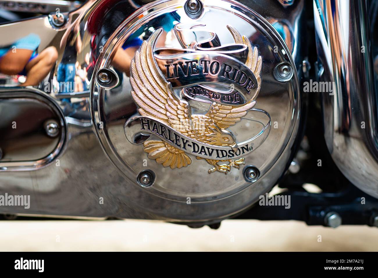 Kiev, Ucraina - 13 settembre 2014: Logo e motto dell'aquila d'oro di custombike Foto Stock