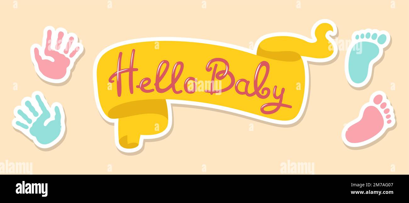 Ciao nastro bambino con impronta piede e mano. Carino banner neonato modello compleanno. Cornice o scheda per la festa di invito dell'acquazzone del bambino. Elementi di design per poster, copertina, album per bambini Illustrazione Vettoriale