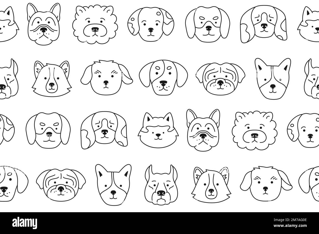 Dog Faces doodle modello senza cuciture. Sorridente animale domestico doggy infantile divertente, ornamento infinito piatto del fumetto del bambino. Carino cucciolo kawaii cartone animato testa muso ripetizione wrapper. Modello per tappezzeria per il design dei bambini Illustrazione Vettoriale