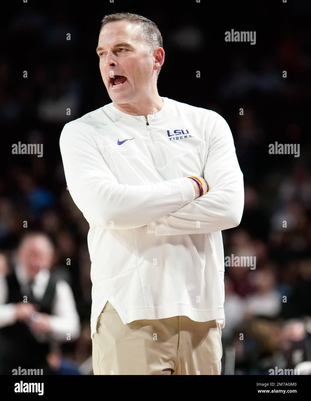 College Station, Texas, Stati Uniti. 8th Jan, 2023. 7 gennaio 2023 - College Station, Texas, U.S.A- Texas A&M Head Coach BUZZ WILLIAMS reagisce durante il gioco tra le LSU Tigers e le Texas A&M Aggies alla Reed Arena a College Station, Texas. Il Texas A&M Aggies sconfisse le LSU Tigers 69-56. (Credit Image: © Jerome Hicks/ZUMA Press Wire) Foto Stock