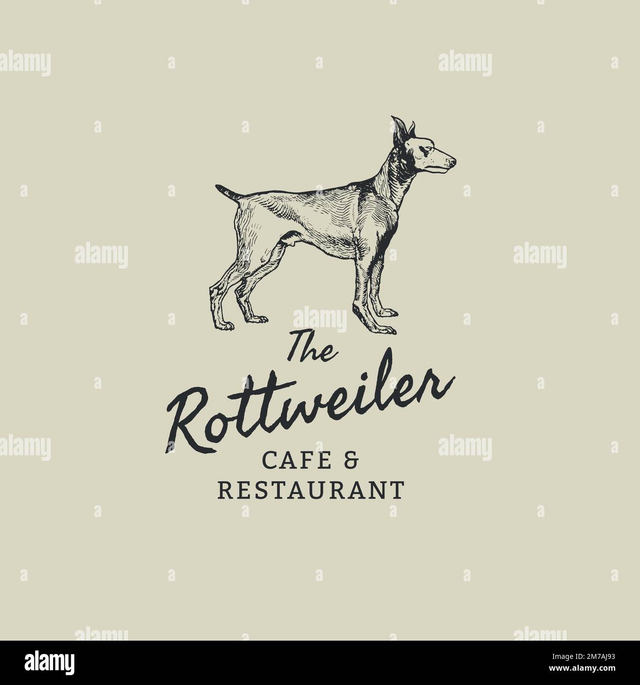 Vettore modello di logo business del ristorante in tema vintage rottweiler Illustrazione Vettoriale