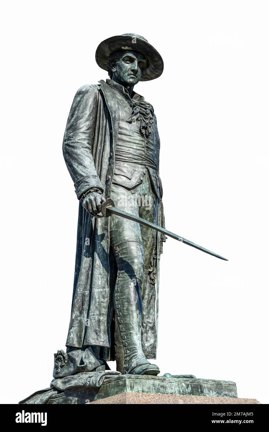 Statua di William Prescott al Bunker Hill Monument, colonnello americano alla Battaglia di Bunker Hill noto per l'ordine, 'non sparare fino a quando non si vede Foto Stock