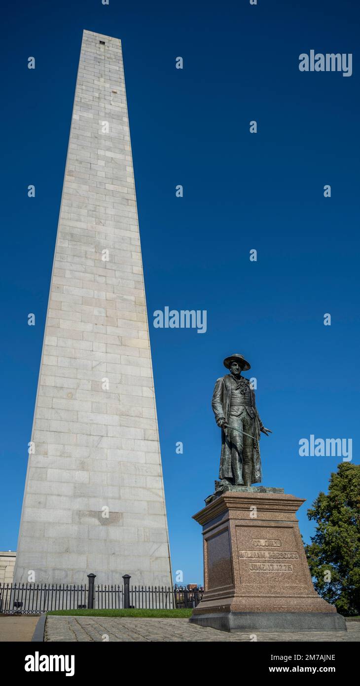 Statua di William Prescott al Bunker Hill Monument, Foto Stock