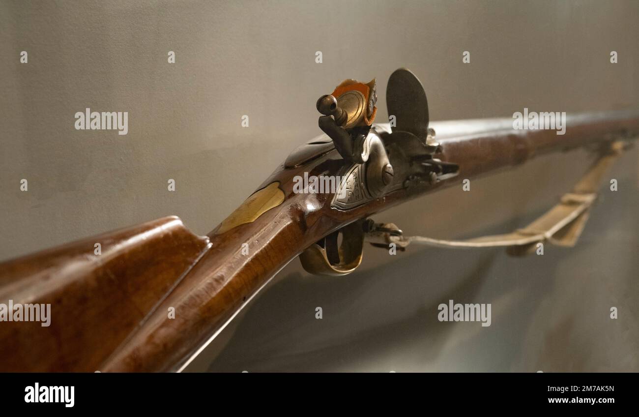 British Grice 1762 di Brown Bess Flintlock Musket utilizzato dai solids britannici nella Rivoluzione americana Foto Stock