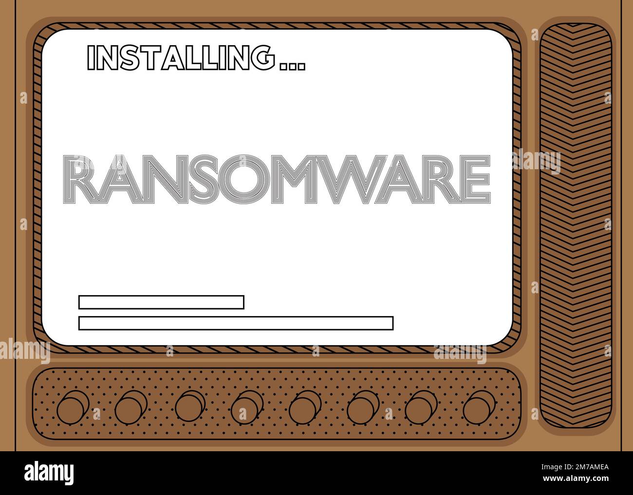 Computer cartoon con la parola ransomware. Messaggio di una schermata che visualizza una finestra di installazione. Illustrazione Vettoriale