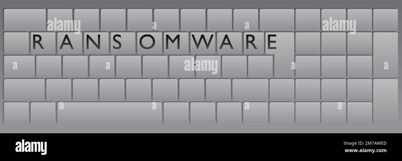 Tastiera per computer con testo ransomware. Primo piano di una parte di un computer elettronico, tastiera. Illustrazione Vettoriale